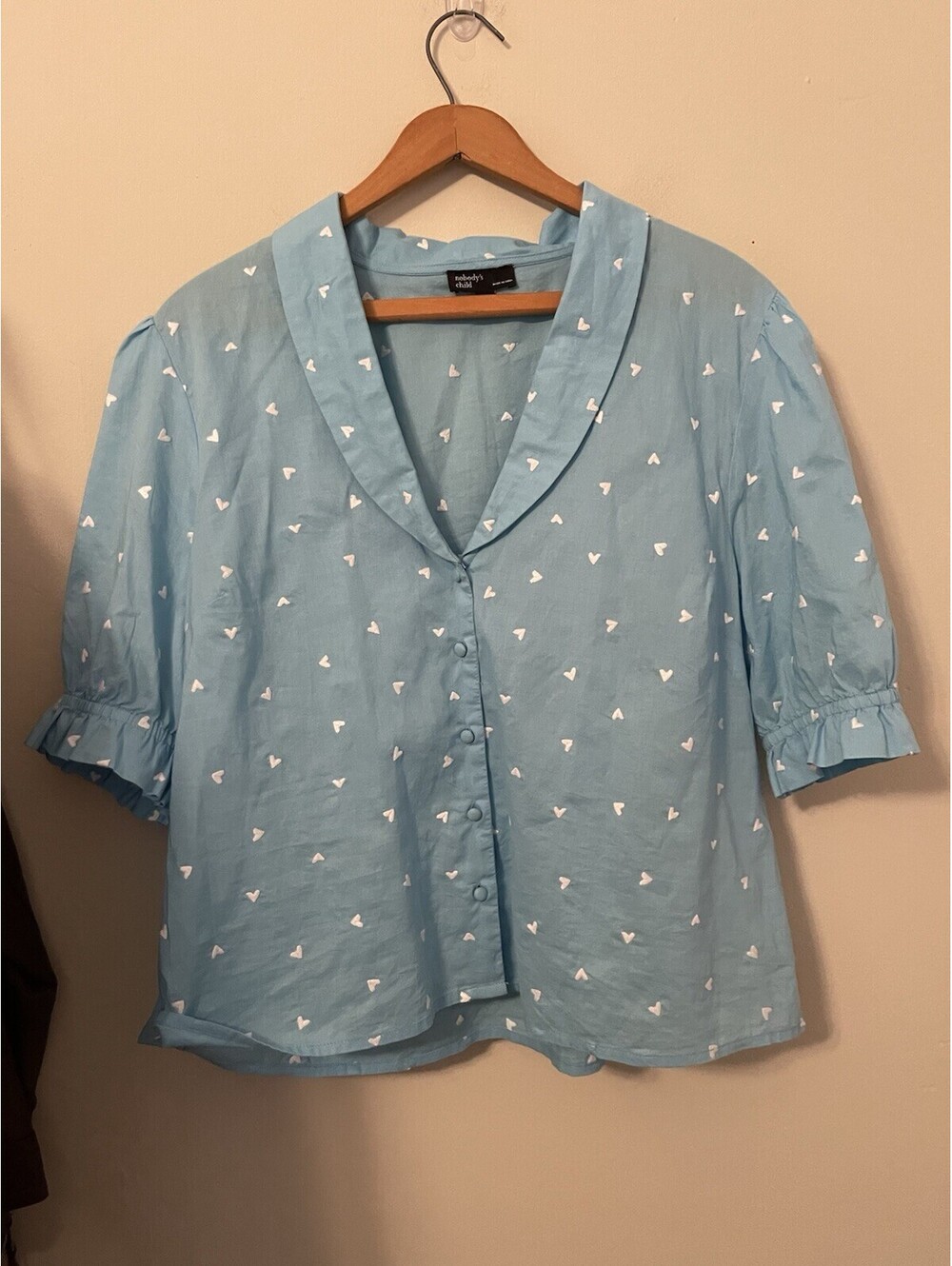 Nobodys Child Blue Cotton Blouse Top Embroidered White Hearts Size 10 L XL